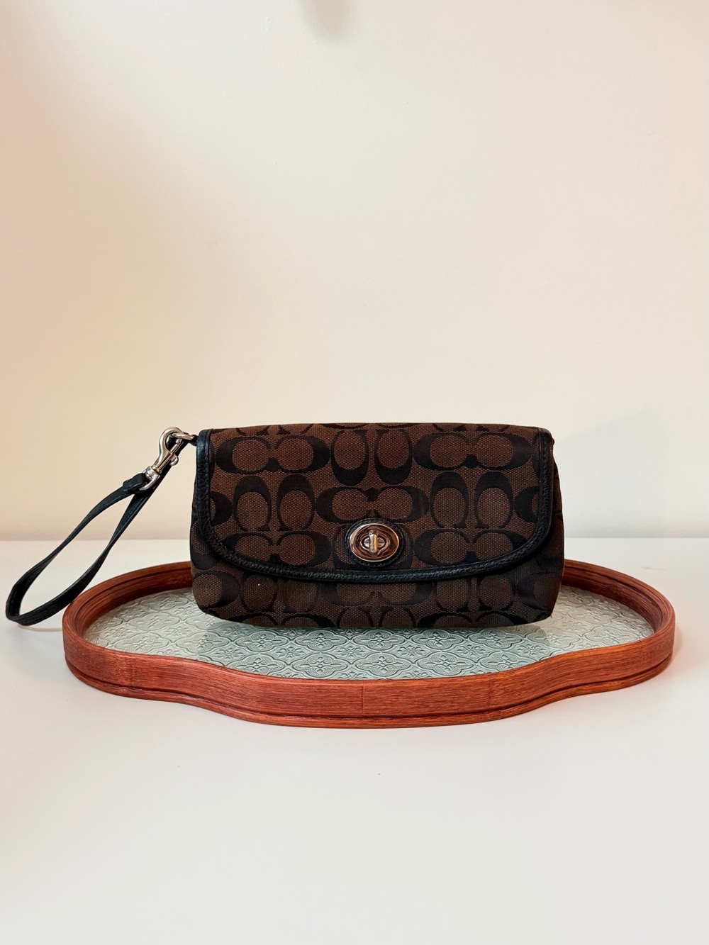 Coach Brown Signature Turn-Lock Wristlet Clutch